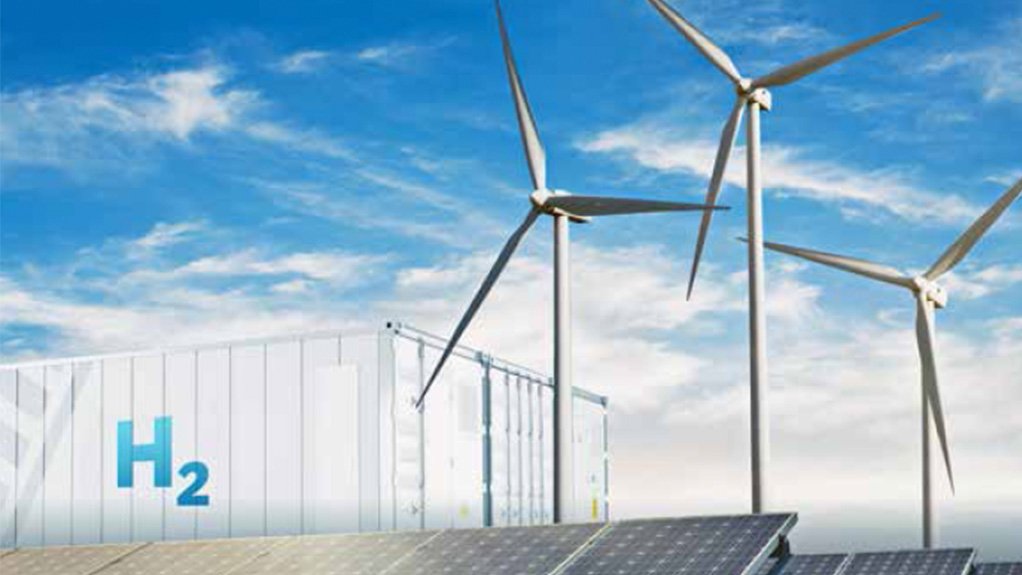 Image shows a hydrogen container with wind turbines and solar panels